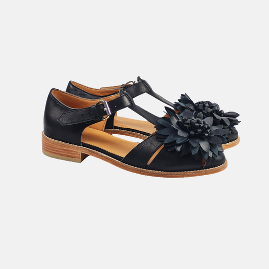 Handgefertigte Leder-Fischersandalen - Schwarze Blume