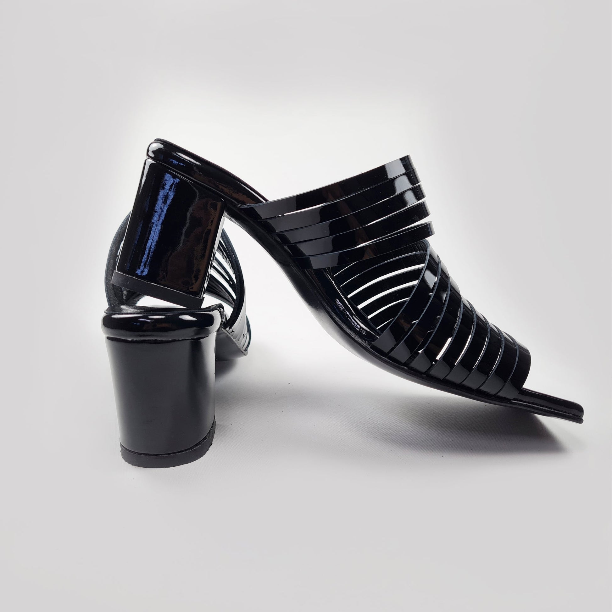 Handmade Strappy Patent Leather Sandals - Black